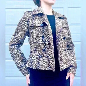 Banana Republic Leopard Peplum Jacket Short Trench XS Button-up